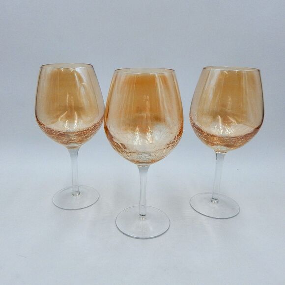 Pier 1 One Golden Luster Amber Crackle Mouth Blown Balloon Red Wine Glass Set/3 - Picture 2 of 10